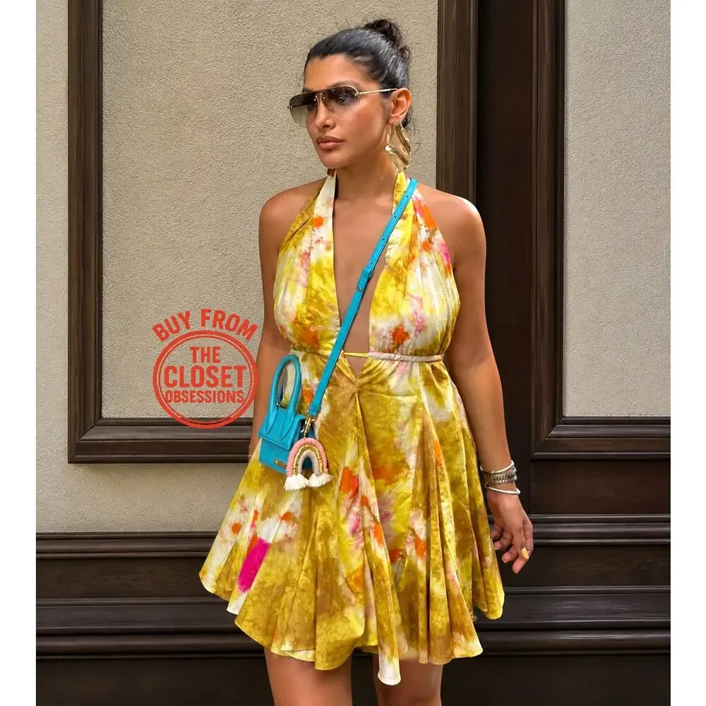ZARA Yellow Floral Halter Mini Dress Open Back Resort Vacation Sundress NWT